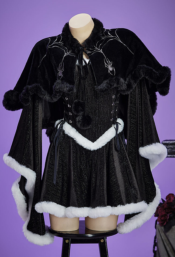 Christmas Gothic Plush Dress Winter Velvet Off-the-Shoulder Dress with Choker and Necklace Christmas Gothic Plush Dress Winter Velvet Off-the-Shoulder Dress with Choker and Necklace