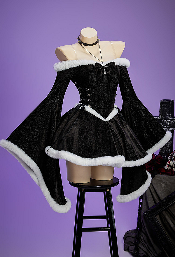 Christmas Gothic Plush Dress Winter Velvet Off-the-Shoulder Dress with Choker and Necklace Christmas Gothic Plush Dress Winter Velvet Off-the-Shoulder Dress with Choker and Necklace