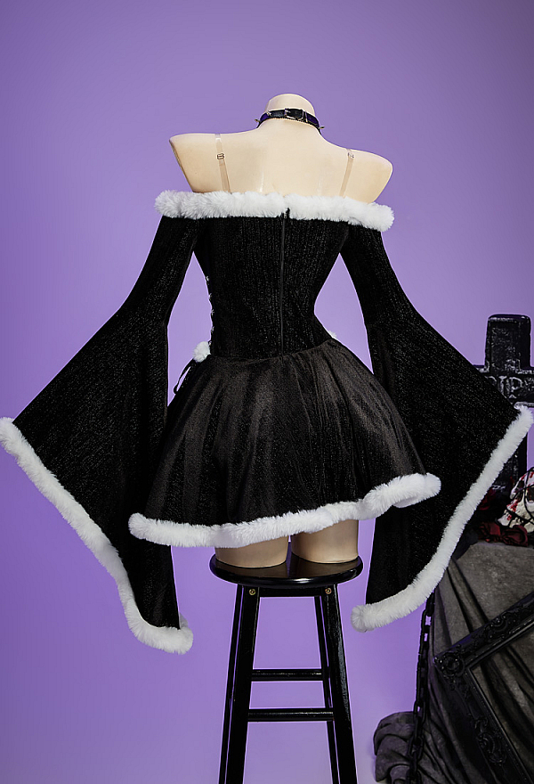 Christmas Gothic Plush Dress Winter Velvet Off-the-Shoulder Dress with Choker and Necklace Christmas Gothic Plush Dress Winter Velvet Off-the-Shoulder Dress with Choker and Necklace