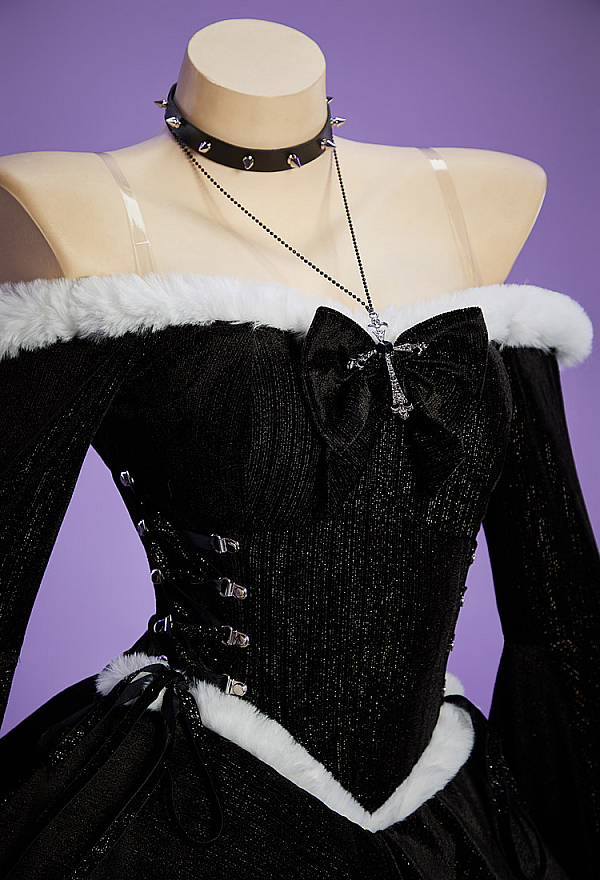 Christmas Gothic Plush Dress Winter Velvet Off-the-Shoulder Dress with Choker and Necklace Christmas Gothic Plush Dress Winter Velvet Off-the-Shoulder Dress with Choker and Necklace