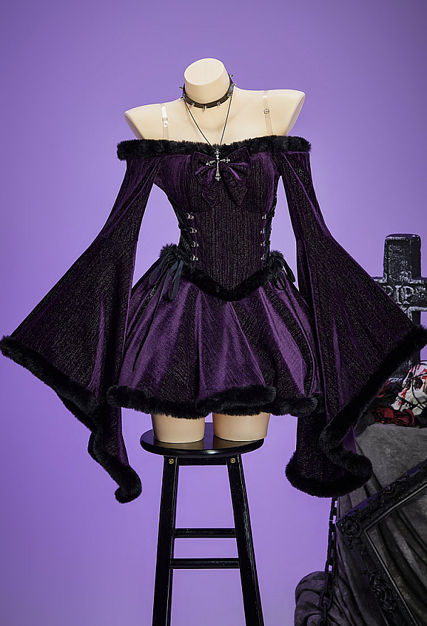Christmas Gothic Plush Dress Winter Velvet Off-the-Shoulder Dress with Choker and Necklace Christmas Gothic Plush Dress Winter Velvet Off-the-Shoulder Dress with Choker and Necklace