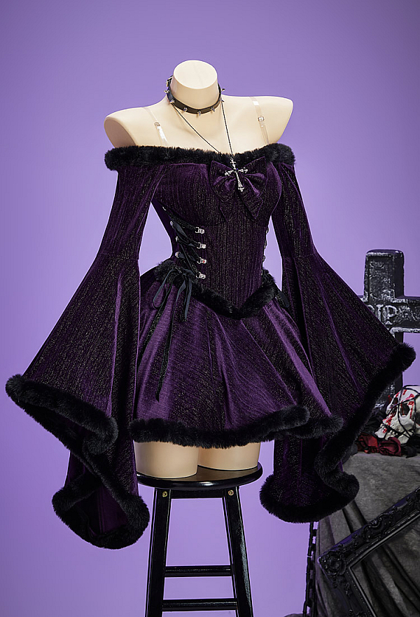 Christmas Gothic Plush Dress Winter Velvet Off-the-Shoulder Dress with Choker and Necklace Christmas Gothic Plush Dress Winter Velvet Off-the-Shoulder Dress with Choker and Necklace