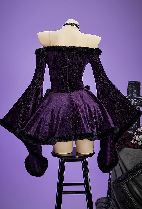 Christmas Gothic Plush Dress Winter Velvet Off-the-Shoulder Dress with Choker and Necklace Christmas Gothic Plush Dress Winter Velvet Off-the-Shoulder Dress with Choker and Necklace