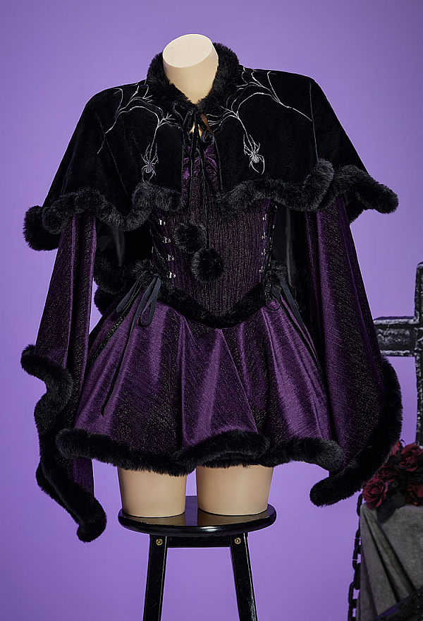 Christmas Gothic Plush Dress Winter Velvet Off-the-Shoulder Dress with Choker and Necklace Christmas Gothic Plush Dress Winter Velvet Off-the-Shoulder Dress with Choker and Necklace