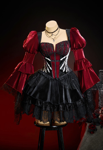 Bone To Be Wild Gothic Black and Red Velvet Corset Skirt Set Bell-Sleeve Corset and Layered Skirt with Choker