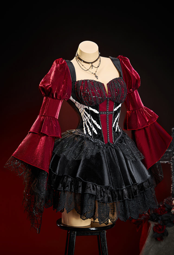 Bone To Be Wild Gothic Black and Red Velvet Corset Skirt Set Bell-Sleeve Corset and Layered Skirt with Choker