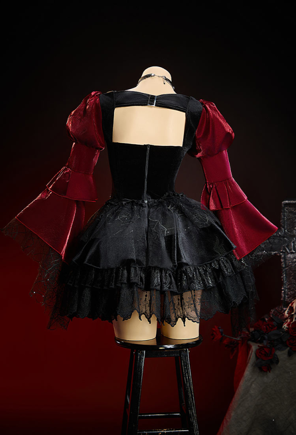 Bone To Be Wild Gothic Black and Red Velvet Corset Skirt Set Bell-Sleeve Corset and Layered Skirt with Choker