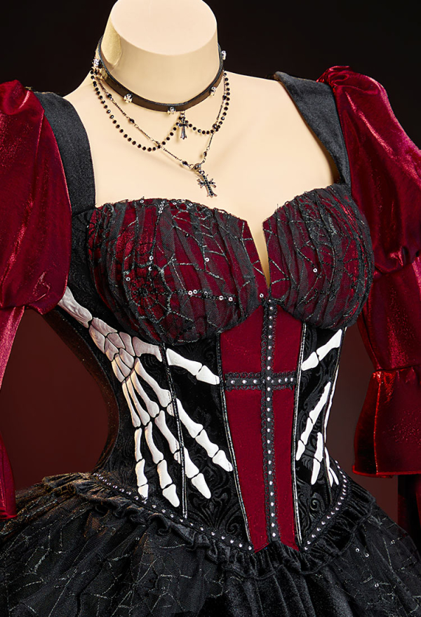 Bone To Be Wild Gothic Black and Red Velvet Corset Skirt Set Bell-Sleeve Corset and Layered Skirt with Choker