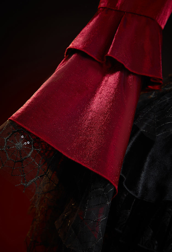 Bone To Be Wild Gothic Black and Red Velvet Corset Skirt Set Bell-Sleeve Corset and Layered Skirt with Choker