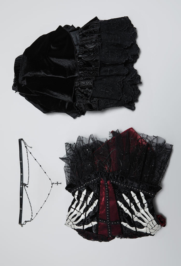 Bone To Be Wild Gothic Black and Red Velvet Corset Skirt Set Bell-Sleeve Corset and Layered Skirt with Choker