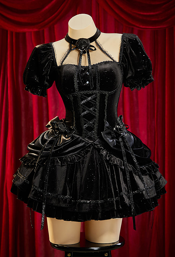 Bloodshade Soirée Gothic Black Velvet Dress Dark Style Layered Halter Dress with Gloves