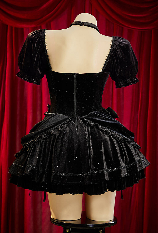 Bloodshade Soirée Gothic Black Velvet Dress Dark Style Layered Halter Dress with Gloves