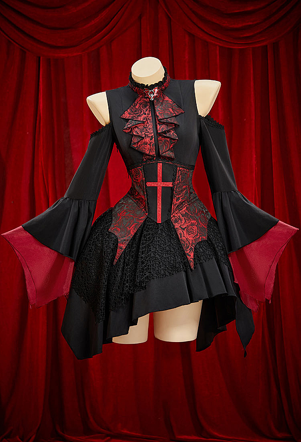 Blood Moon Halloween Gothic Red and Black Vampire Dress Set Cold-Shoulder Irregular Dress with Corset