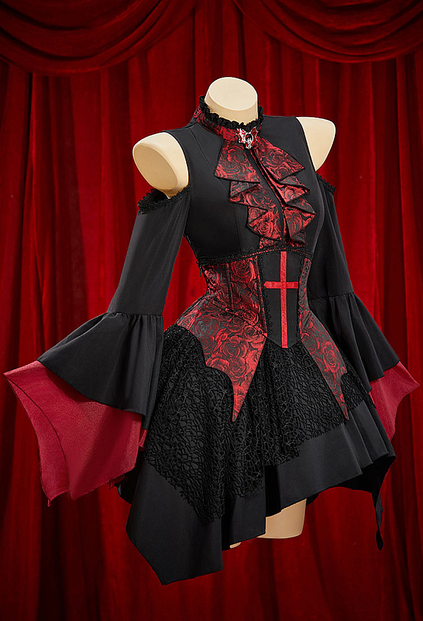 Blood Moon Halloween Gothic Red and Black Vampire Dress Set Cold-Shoulder Irregular Dress with Corset