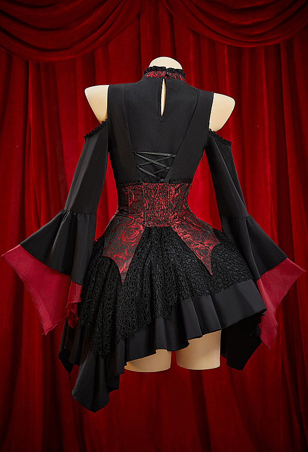 Blood Moon Halloween Gothic Red and Black Vampire Dress Set Cold-Shoulder Irregular Dress with Corset