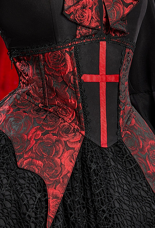 Blood Moon Halloween Gothic Red and Black Vampire Dress Set Cold-Shoulder Irregular Dress with Corset