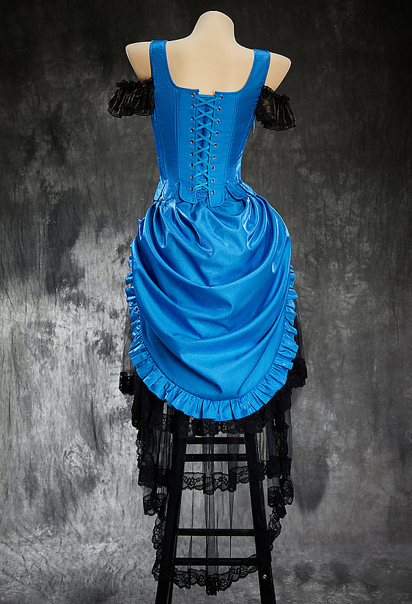 Take A Bite Halloween Gothic Vampire Corset Skirt Set Vintage Teal Blue Corset Top and Skirt with Mesh Train Take A Bite Halloween Gothic Vampire Corset Skirt Set Vintage Teal Blue Corset Top and Skirt with Mesh Train