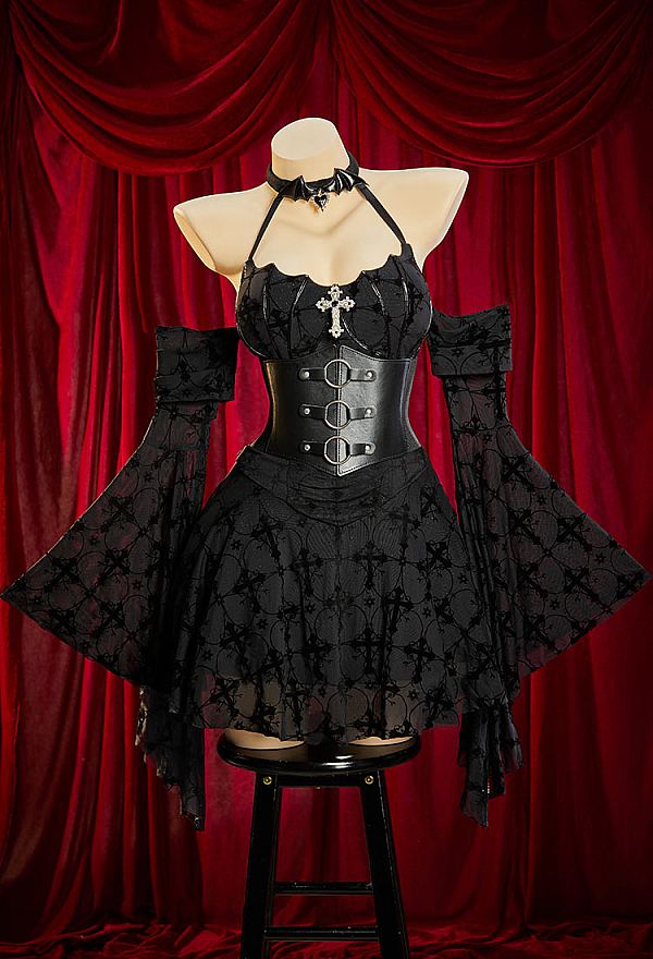 Bloodshade Soirée Gothic Cross Motif Dress Set Flared-Sleeve Halter Dress with Waistband Bloodshade Soirée Gothic Cross Motif Dress Set Flared-Sleeve Halter Dress with Waistband
