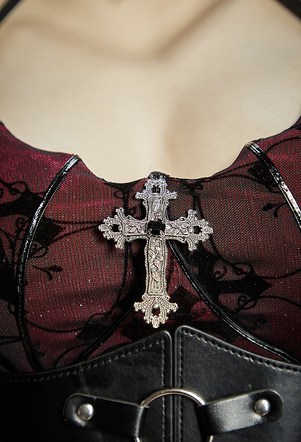 Bloodshade Soirée Gothic Cross Motif Dress Set Flared-Sleeve Halter Dress with Waistband Bloodshade Soirée Gothic Cross Motif Dress Set Flared-Sleeve Halter Dress with Waistband