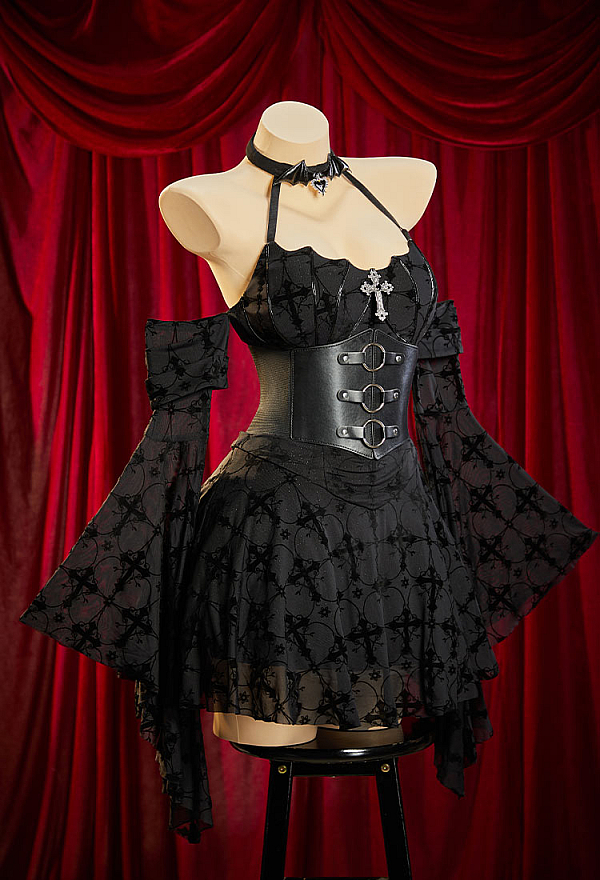 Bloodshade Soirée Gothic Cross Motif Dress Set Flared-Sleeve Halter Dress with Waistband Bloodshade Soirée Gothic Cross Motif Dress Set Flared-Sleeve Halter Dress with Waistband