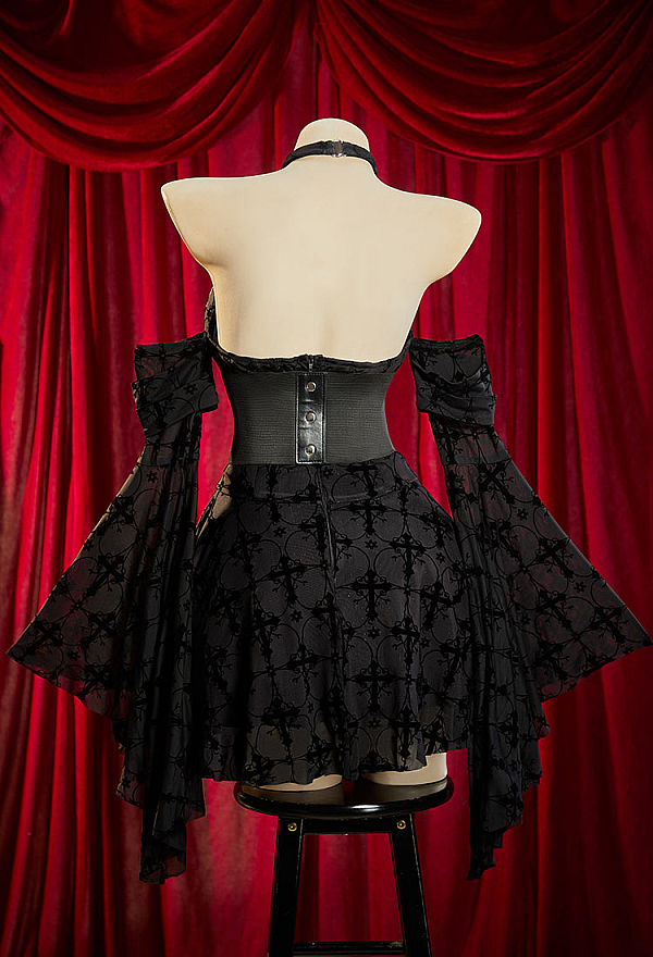 Bloodshade Soirée Gothic Cross Motif Dress Set Flared-Sleeve Halter Dress with Waistband Bloodshade Soirée Gothic Cross Motif Dress Set Flared-Sleeve Halter Dress with Waistband