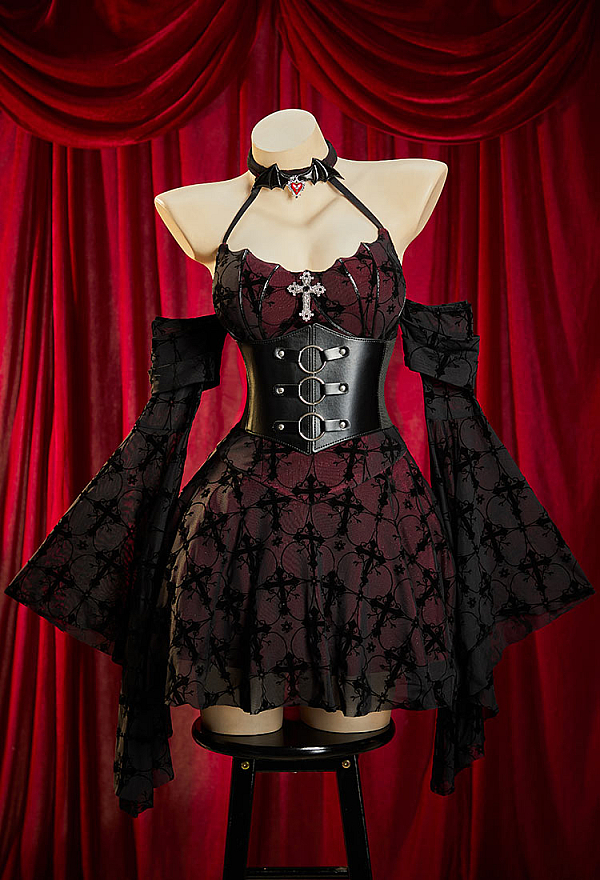 Bloodshade Soirée Gothic Cross Motif Dress Set Flared-Sleeve Halter Dress with Waistband Bloodshade Soirée Gothic Cross Motif Dress Set Flared-Sleeve Halter Dress with Waistband
