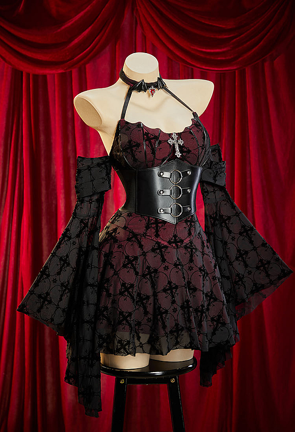 Bloodshade Soirée Gothic Cross Motif Dress Set Flared-Sleeve Halter Dress with Waistband Bloodshade Soirée Gothic Cross Motif Dress Set Flared-Sleeve Halter Dress with Waistband