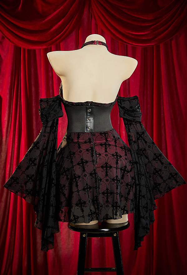 Bloodshade Soirée Gothic Cross Motif Dress Set Flared-Sleeve Halter Dress with Waistband Bloodshade Soirée Gothic Cross Motif Dress Set Flared-Sleeve Halter Dress with Waistband