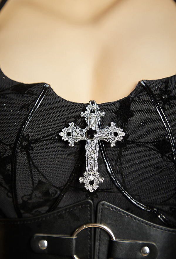 Bloodshade Soirée Gothic Cross Motif Dress Set Flared-Sleeve Halter Dress with Waistband Bloodshade Soirée Gothic Cross Motif Dress Set Flared-Sleeve Halter Dress with Waistband