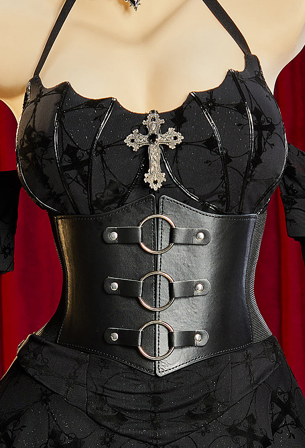 Bloodshade Soirée Gothic Cross Motif Dress Set Flared-Sleeve Halter Dress with Waistband Bloodshade Soirée Gothic Cross Motif Dress Set Flared-Sleeve Halter Dress with Waistband