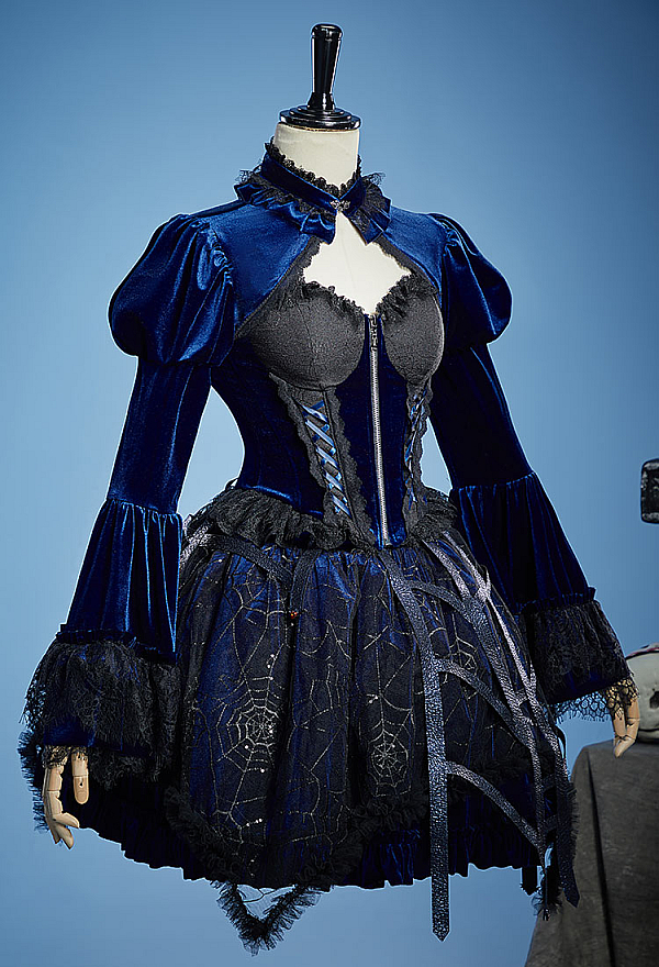 Halloween Gothic Spider Design Set Corset Top and Skirt with Flared-Sleeve Bolero Jacket and Petticoat