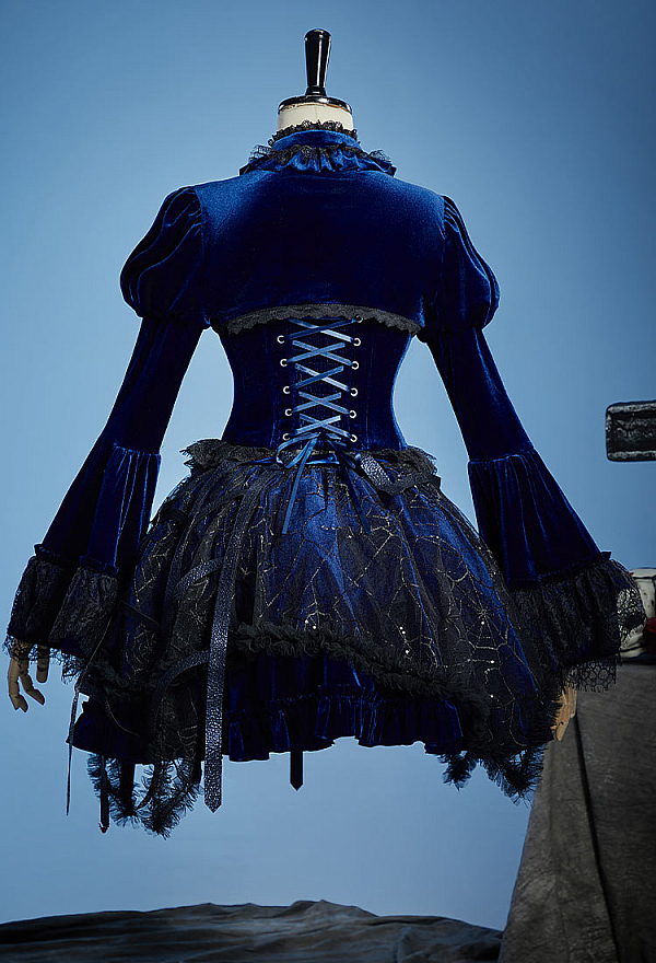 Halloween Gothic Spider Design Set Corset Top and Skirt with Flared-Sleeve Bolero Jacket and Petticoat