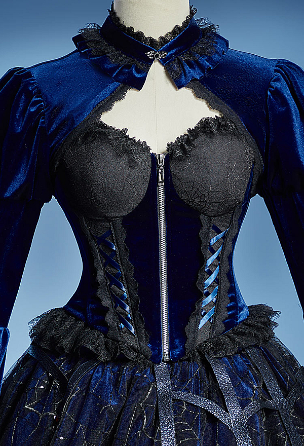 Halloween Gothic Spider Design Set Corset Top and Skirt with Flared-Sleeve Bolero Jacket and Petticoat