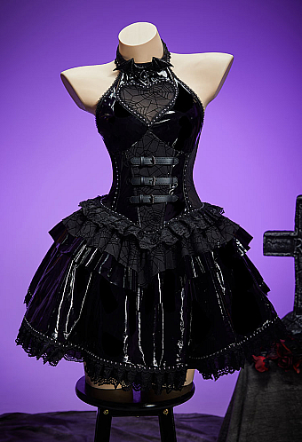Gothic Black Leather Spiderweb Patchwork Dress Heart Cutout Halter Dress with Bat Accessory