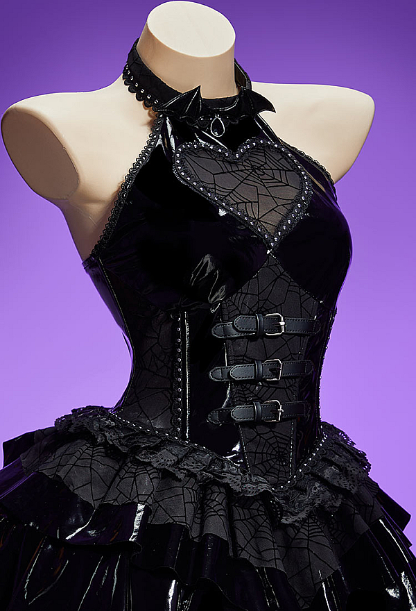 Gothic Black Leather Spiderweb Patchwork Dress Heart Cutout Halter Dress with Bat Accessory