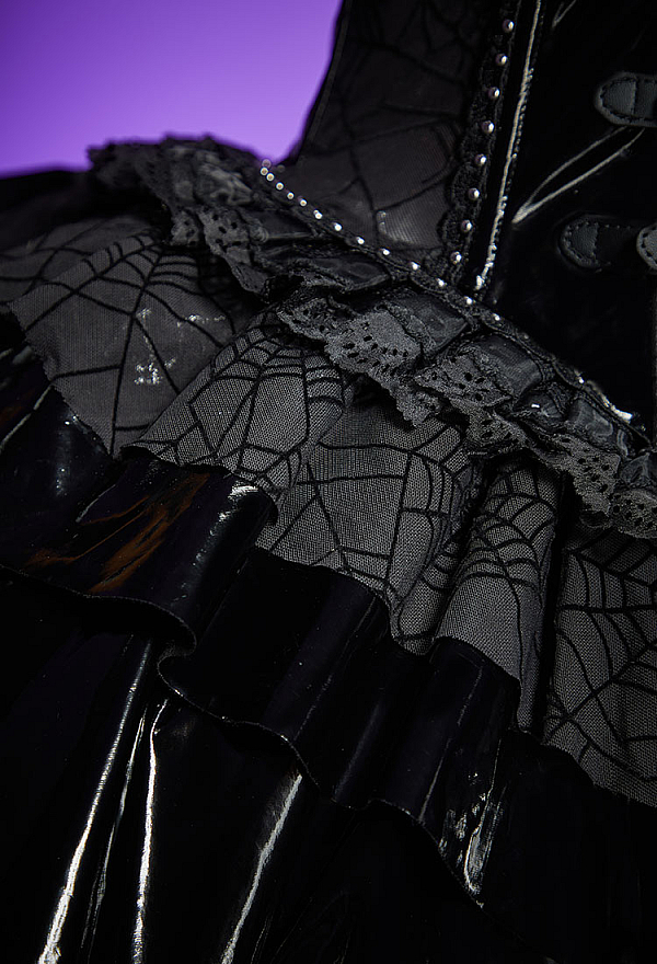 Gothic Black Leather Spiderweb Patchwork Dress Heart Cutout Halter Dress with Bat Accessory