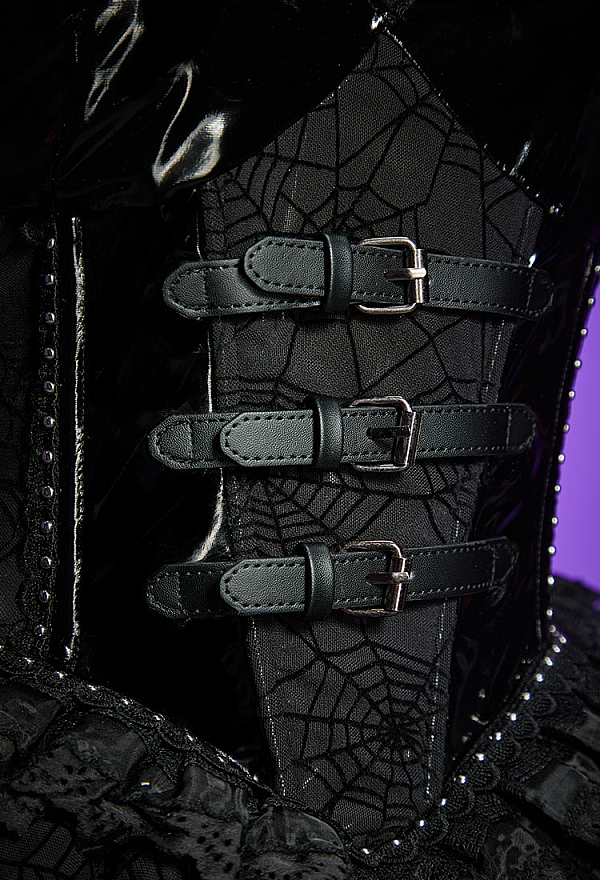 Gothic Black Leather Spiderweb Patchwork Dress Heart Cutout Halter Dress with Bat Accessory
