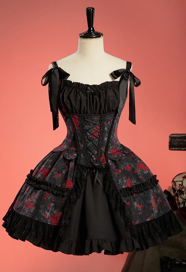 Gothic Rose Spiderweb Pattern Corset Skirt Set Vintage Off-the-Shoulder Corset and Layered Skirt with Straps