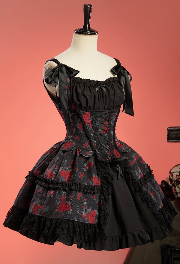 Gothic Rose Spiderweb Pattern Corset Skirt Set Vintage Off-the-Shoulder Corset and Layered Skirt with Straps