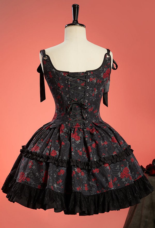 Gothic Rose Spiderweb Pattern Corset Skirt Set Vintage Off-the-Shoulder Corset and Layered Skirt with Straps