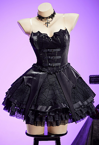 Haunted Night Gothic Black Corset Skirt Set Irregular Bat Styled Top and Layered Skirt with Choker