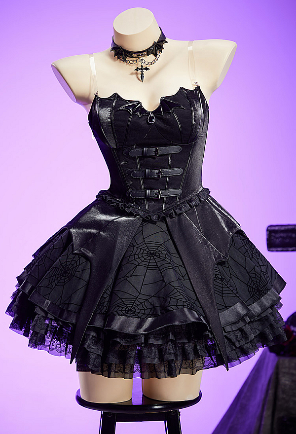 Haunted Night Gothic Black Corset Skirt Set Irregular Bat Styled Top and Layered Skirt with Choker