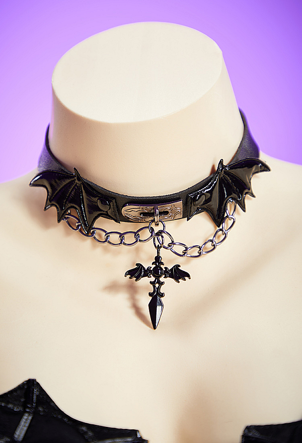 Haunted Night Gothic Black Corset Skirt Set Irregular Bat Styled Top and Layered Skirt with Choker