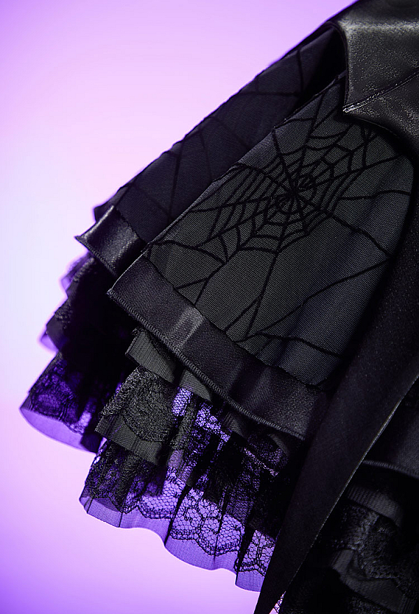 Haunted Night Gothic Black Corset Skirt Set Irregular Bat Styled Top and Layered Skirt with Choker