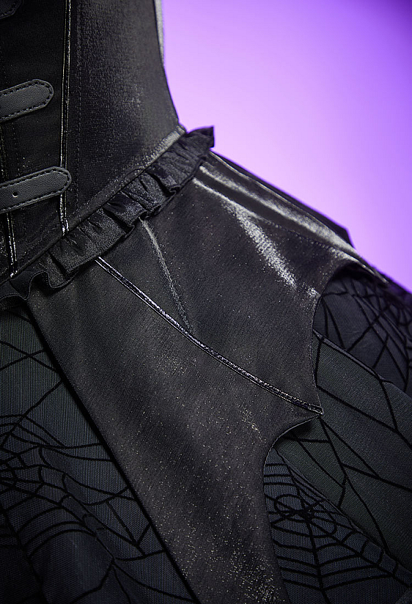 Haunted Night Gothic Black Corset Skirt Set Irregular Bat Styled Top and Layered Skirt with Choker