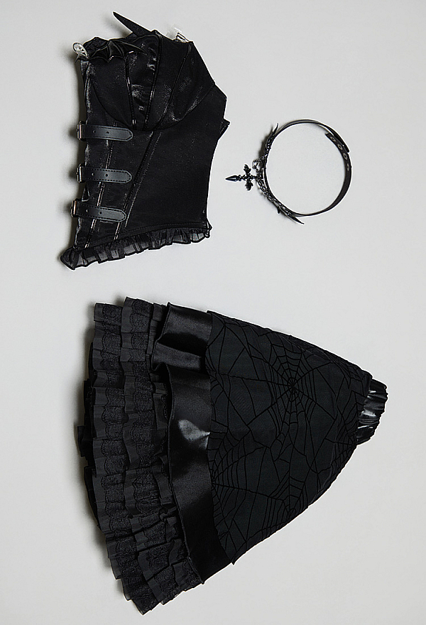 Haunted Night Gothic Black Corset Skirt Set Irregular Bat Styled Top and Layered Skirt with Choker