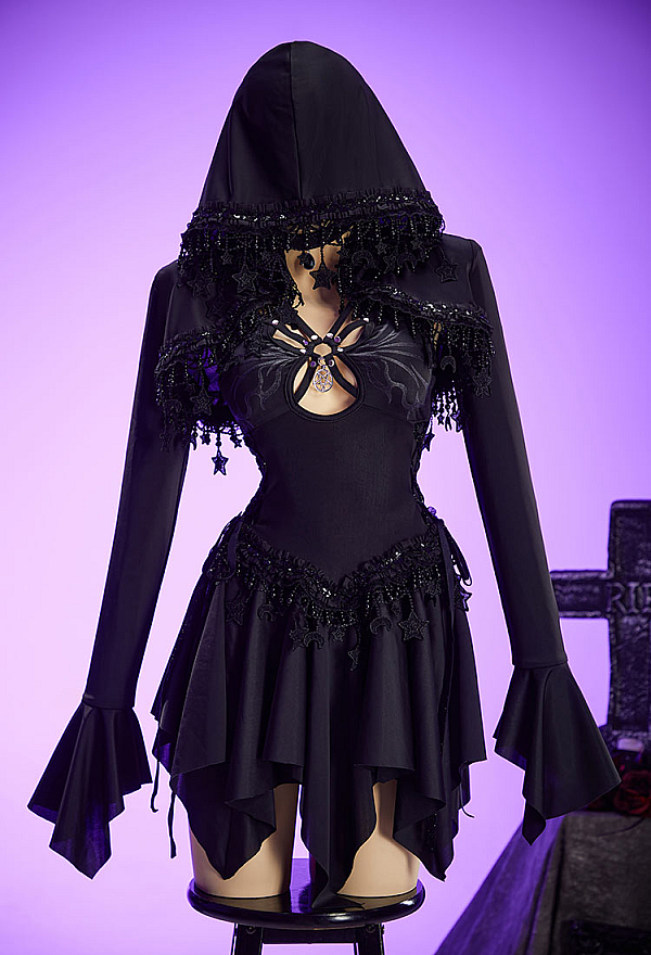 Gothic Black Star Elf Set Cutout Dress with Hooded Short Jacket and Choker