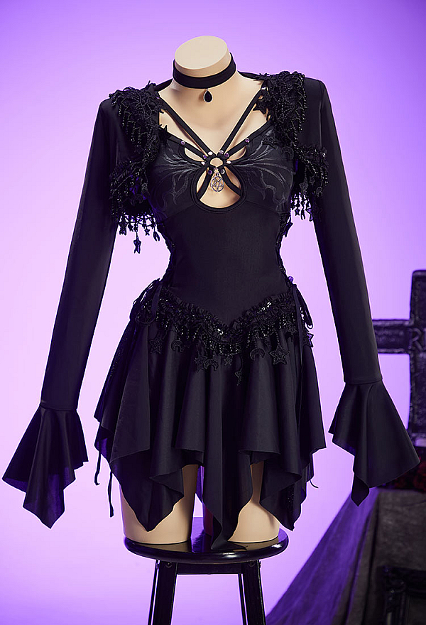 Gothic Black Star Elf Set Cutout Dress with Hooded Short Jacket and Choker