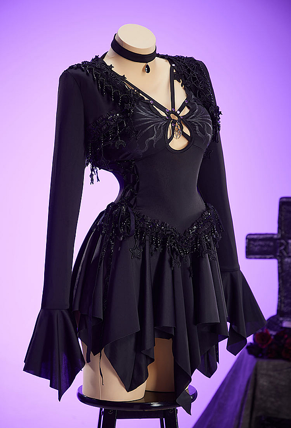 Gothic Black Star Elf Set Cutout Dress with Hooded Short Jacket and Choker