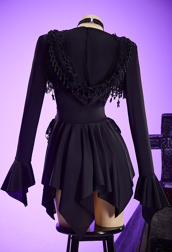Gothic Black Star Elf Set Cutout Dress with Hooded Short Jacket and Choker